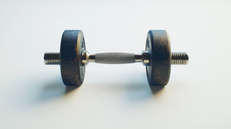 A detailed view of a single dumbbell on a minimalistic background, showcasing the essential equipment for fitness enthusiasts and home workouts.の素材