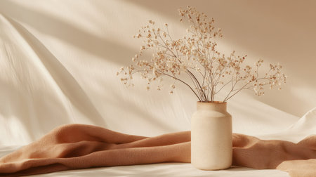 This elegant still life features a white ceramic vase filled with delicate dried flowers, set against a soft fabric background, evoking warmth and tranquility.の素材