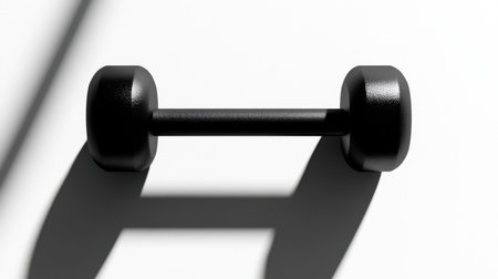A black dumbbell rests on a minimalist background, casting strong shadows and highlights, ideal for themes in fitness, training, and health.の素材
