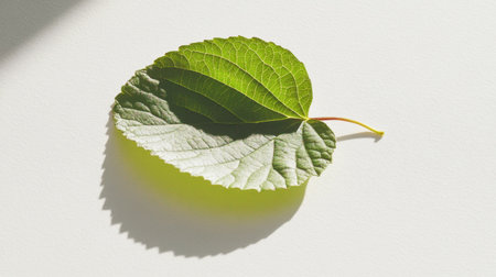 A stunning close-up of a fresh green leaf displaying intricate vein patterns and gentle shadows, creating a serene and tranquil nature scene.の素材