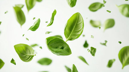 A captivating display of fresh green basil leaves floating against a soft light background, perfect for culinary, organic, and nature-themed projects.の素材