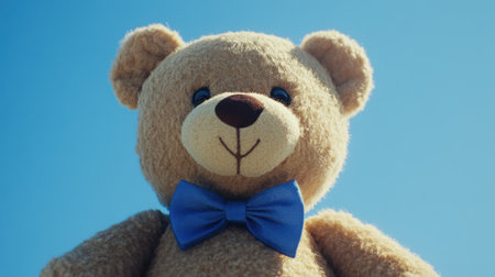 Adorable teddy bear with a blue bow tie under a clear blue sky, capturing the essence of childhood joy and innocence, ideal for children's themes.の素材