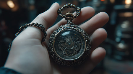 A vintage pocket watch resting in a hand showcases intricate gears and an ornate design. This image exudes nostalgia and timeless beauty, perfect for representing the elegance of classic craftsmanship.の素材
