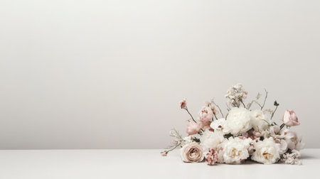 A beautiful arrangement of soft colored flowers on a minimalist background, perfect for home decor or creative projects, evoking elegance and tranquility.の素材