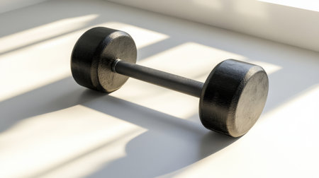 A single black dumbbell rests on a bright surface, with dynamic shadows enhancing the minimalist design. Perfect for fitness and health themes.の素材