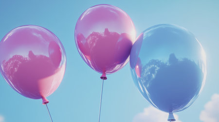 Three vibrant balloons in pink and blue gracefully float against a clear blue sky adorned with fluffy white clouds, evoking joy and cheerfulness.の素材