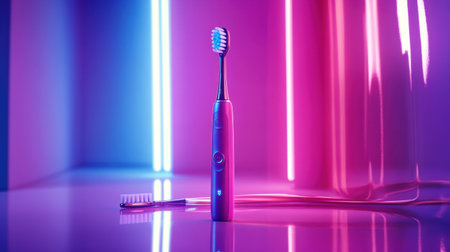 A vibrant electric toothbrush stands out against a glossy surface with stunning pink and blue neon lights, showcasing modern dental care technology.の素材
