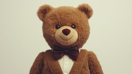 A delightful teddy bear dressed in a formal suit and bow tie, perfect for gifts and celebrations. This charming plush toy brings joy and warmth.の素材