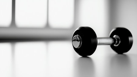 A black and silver dumbbell rests on a white surface, capturing a moment of stillness in a bright indoor space, emphasizing simplicity and fitness.の素材