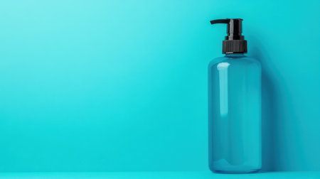 This image features a clear plastic bottle with a pump lid, set against a smooth blue backdrop, ideal for showcasing cosmetic or liquid products.の素材