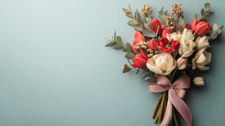 A stunning bouquet featuring vibrant red and white tulips complemented by lush eucalyptus, perfect for any special occasion or decoration.の素材