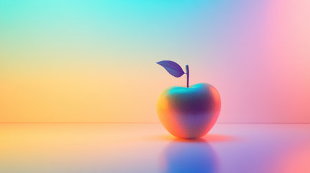 A striking apple with a green leaf sits on a reflective surface, illuminated by vibrant gradient colors in the background, evoking creativity.の素材