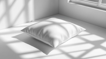 A soft white pillow rests elegantly on a minimalist surface, illuminated by natural light filtering through a window, creating striking shadows.の素材