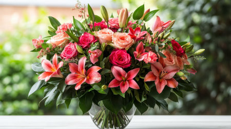A stunning floral arrangement featuring pink roses and vibrant lilies in a clear glass vase, perfect for any special occasion or decor.の素材