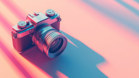 A stunning vintage camera resting on a vibrant gradient background featuring soft pink and blue tones, showcasing artistic shadows.の素材