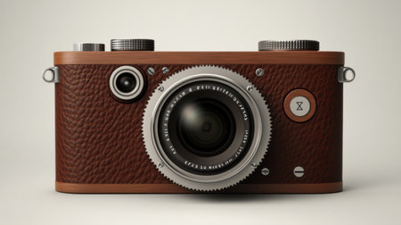 This captivating vintage-style camera features a rich brown leather texture, elegant silver details, and a sophisticated lens design. Perfect for photography enthusiasts.の素材