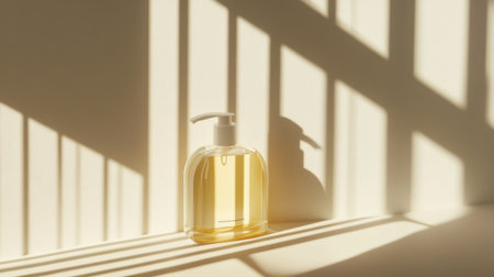 A beautiful transparent liquid soap dispenser sits on a minimalistic background, casting gentle shadows from soft sunlight, creating a serene atmosphere.の素材