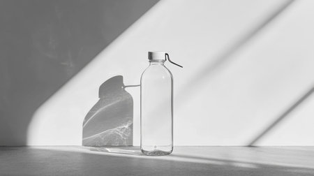 A minimalist glass water bottle casts a striking shadow on a light background, showcasing elegance and simplicity. Ideal for modern decor.の素材