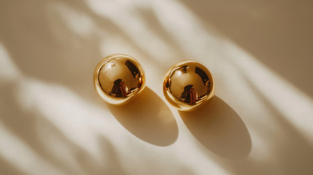 Two golden spheres rest elegantly on a smooth beige surface, creating beautiful reflections and dynamic shadows that enhance artistic appeal.の素材