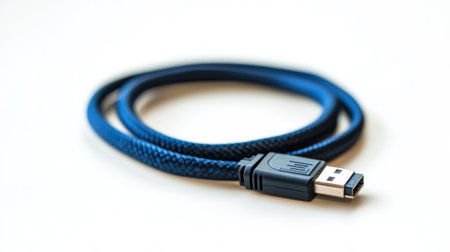 A close-up image of a high-quality braided blue USB cable, ideal for fast data transfer and reliable charging for various electronic devices.の素材