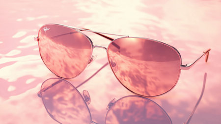 Stunning pink sunglasses reflect a tranquil water surface, embodying summer elegance and vibrant style perfect for outdoor adventures.の素材