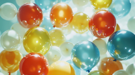 A vibrant cluster of colorful balloons floating in the air, perfect for adding a joyful touch to celebrations, parties, and special events.の素材