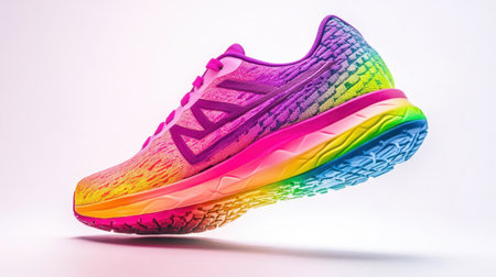 This image features a vibrant running shoe with a stunning gradient design, floating against a bright background, perfect for fitness and fashion themes.の素材
