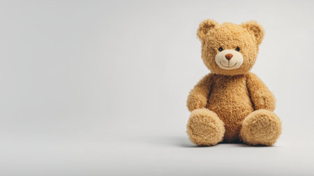 This adorable teddy bear plush toy sits happily against a light gray background, perfect for children's photography and comforting moments.の素材