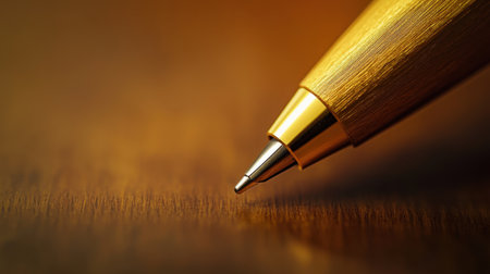 Close-up photograph highlighting a metal pen point resting on a wooden surface, captured in warm lighting that enhances the luxurious feel.の素材