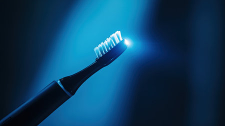 This image features a close-up of an electric toothbrush with a blue light effect, set against a dark background, emphasizing its modern design and effectiveness in promoting oral hygiene.の素材