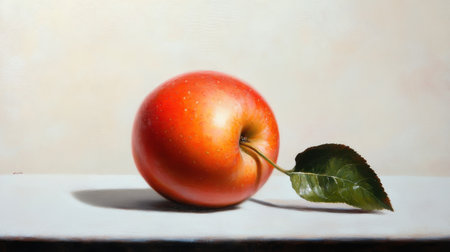 A vibrant red apple with a lush green leaf rests elegantly against a soft background, perfect for food-related themes, healthy eating, and natural beauty.の素材
