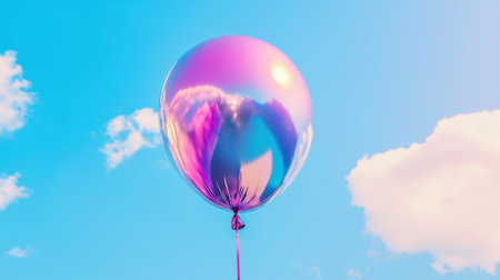 A vibrant, iridescent balloon floats against a bright blue sky with soft, fluffy clouds, evoking feelings of joy and celebration. Perfect for capturing the essence of summer fun and festive events.の素材