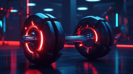 A striking futuristic dumbbell illuminated by neon lights showcases a vibrant gym environment, perfect for fitness enthusiasts and health promotions.の素材
