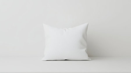 A soft, white pillow rests on a minimalistic shelf, creating a serene atmosphere. Ideal for promoting modern home decor and cozy interior settings.の素材
