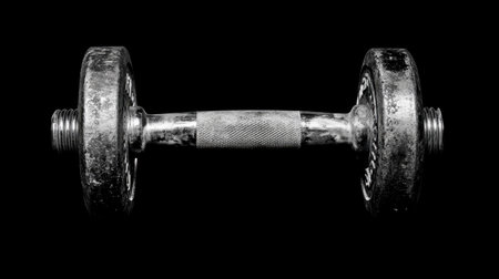 A vintage, rusty dumbbell isolated on a black background symbolizing strength training and fitness. Ideal for gym, workout, or bodybuilding visuals.の素材