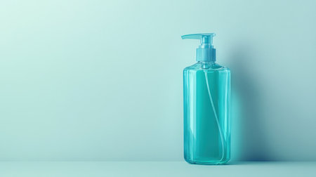 A sleek clear plastic pump bottle filled with turquoise liquid sits elegantly against a soft light background, ideal for skincare.の素材