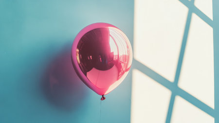 A lively pink balloon stands out against a cool blue wall, capturing reflections and casting intriguing shadows in a stylish indoor setting.の素材