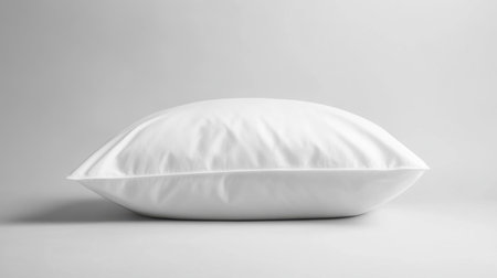 A soft and plush white pillow resting against a light gray backdrop, perfect for adding comfort and style to any bedroom or living space.の素材