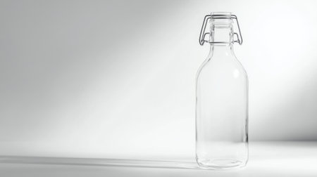 A clear glass bottle with a swing top stands elegantly on a softly lit background, creating a serene and minimalist visual. Ideal for themes of purity and sustainability.の素材