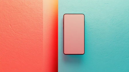 A sleek smartphone is placed against a vibrant backdrop of coral and blue colors, highlighting modern design and technology in a minimalistic setting.の素材