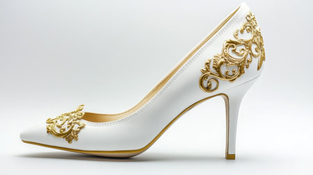 This stunning white high heel shoe features intricate golden ornamentation, perfect for fashion projects, editorial use, or showcasing elegance in design.の素材