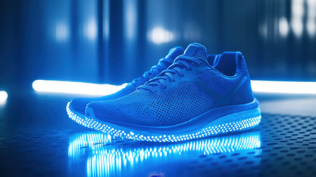 Discover a pair of vibrant blue LED running shoes designed for optimal performance and style. Perfect for fitness enthusiasts and athletes.の素材