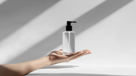 A graceful hand supports a modern clear bottle with a black pump cap on a soft light background, creating an elegant display for beauty products.の素材