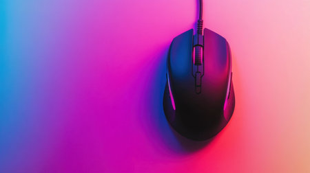 A sleek black gaming mouse lays on a gradient pink and blue background, illuminated by soft lighting that enhances its modern design and functionality.の素材