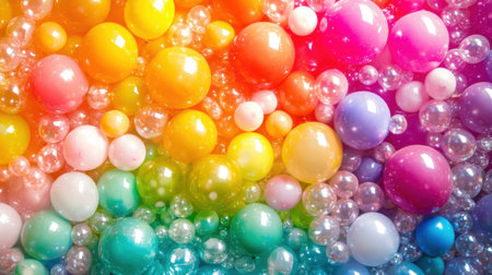 Experience a lively and colorful array of glossy balls and bubbles against a vibrant rainbow gradient, creating a joyful and artistic background.の素材