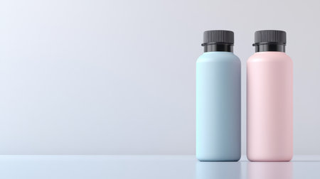Two elegant bottles in soft blue and pink stand on a sleek surface, perfect for showcasing modern design aesthetics in product photography.の素材