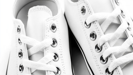A pair of crisp white sneakers shown from above, featuring laces and eyelets. Perfect for showcasing casual footwear trends in lifestyle photography.の素材