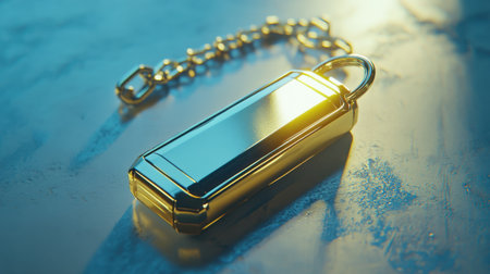A glossy golden keychain rests on a textured blue surface, showcasing its reflective nature. This image embodies luxury and modern design, perfect for branding.の素材
