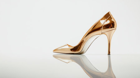 This image showcases an elegant gold high heel shoe with a glossy finish, reflecting beautifully on a white background, perfect for fashion illustrations.の素材