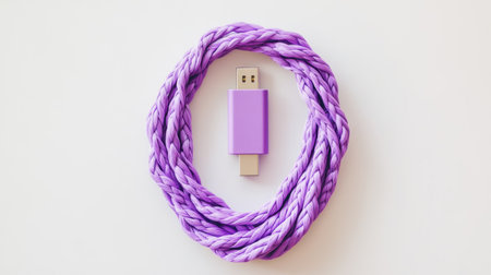 A vibrant purple USB drive encircled by a twisted braided cable sits on an isolated white background, showcasing modern technology and design.の素材